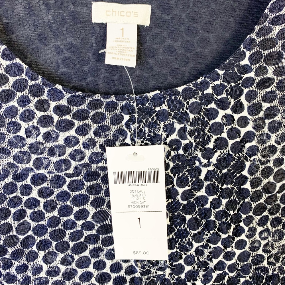 Chico’s NEW Dot Lace Tiered Long Sheer Sleeve Blouse Top Midnight Blue Size 8 - Picture 3 of 10